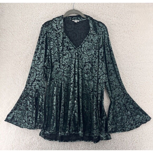 Women's Green Blouse XL Velvet Burnout Top Flare Sleeve Floral Whimsy Goth Fairy - Picture 1 of 6